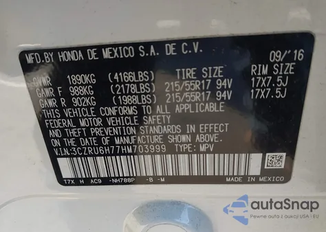 2017 Honda Hr-V Ex-L z USA, uszkodzony, nr VIN 3CZRU6H77HM703999